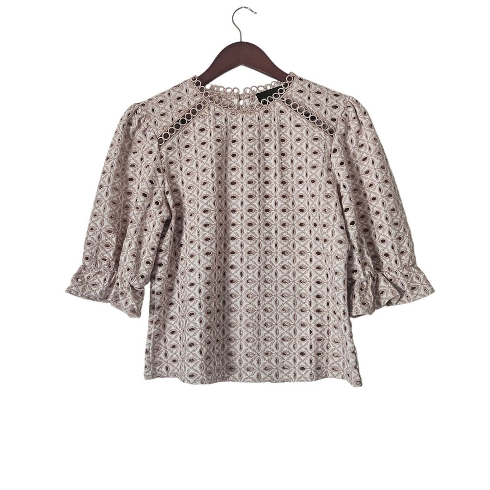 Broadway 38 Taupe Eyelet Embroidered Puff Sleeve Blouse Romantic Cottagecore M